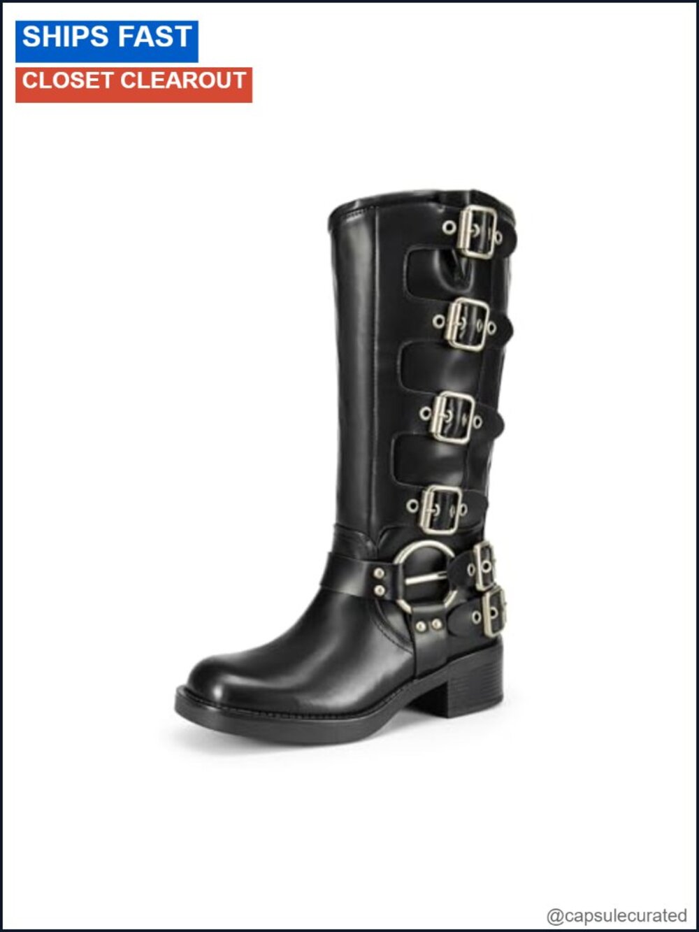 Knee High Faux Leather Moto Boots Square Toe Block Heel Buckle Straps